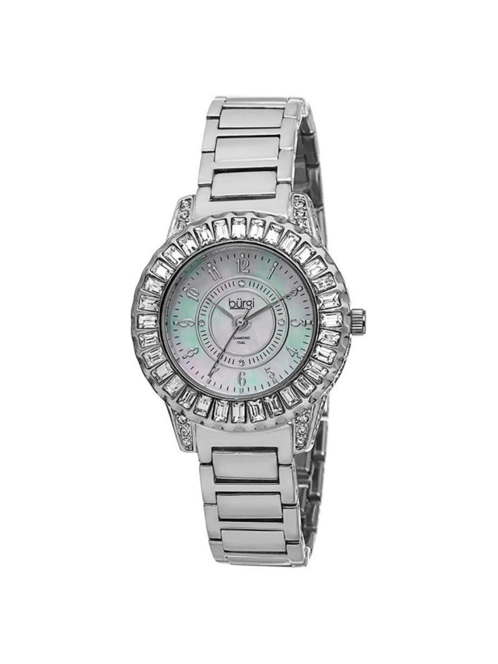 NWT Burgi Silver-Tone Brass Mother of Pearl Dial Diamond Ladies Watch